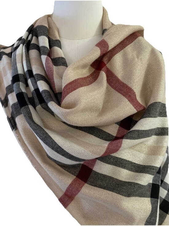 Cashmink Oversized Plaid Scarf 22X76" Beige Bayberry Fringe Quiet Luxury Germany - Picture 1 of 7